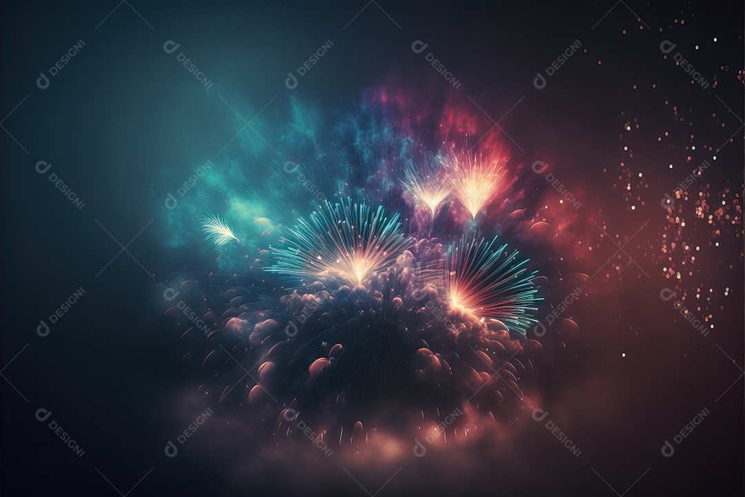 Festa de Réveillon com fogos de artifício explodindo sobre o horizonte da cidade com reflexos na água e festival de 4 de julho.