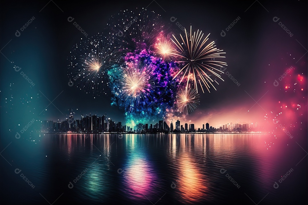 Festa de Réveillon com fogos de artifício explodindo sobre o horizonte da cidade com reflexos na água e festival de 4 de julho.