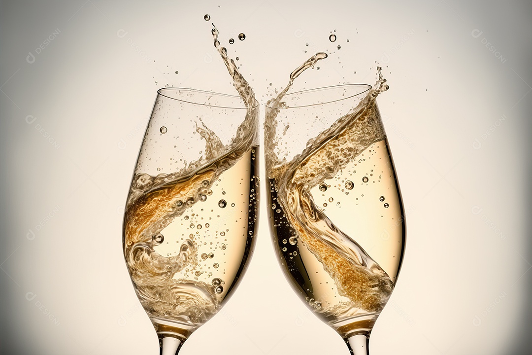 Duas taças de champanhe se tocando e brindando à noite na festa de ano novo na praia.