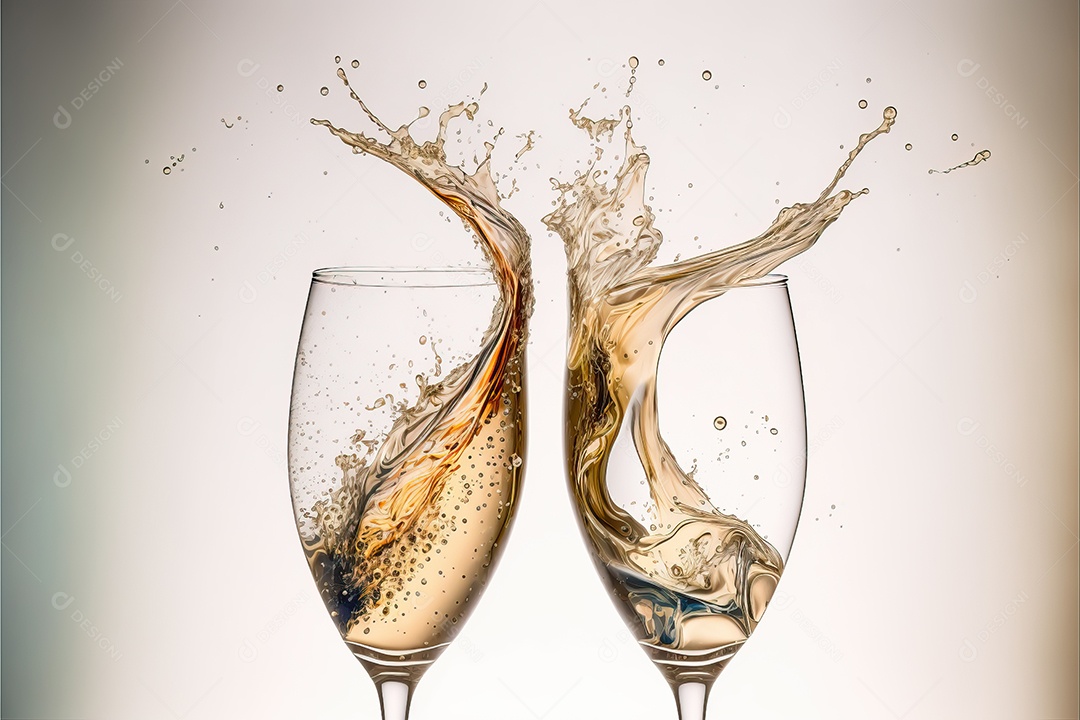 Duas taças de champanhe se tocando e brindando à noite na festa de ano novo na praia.