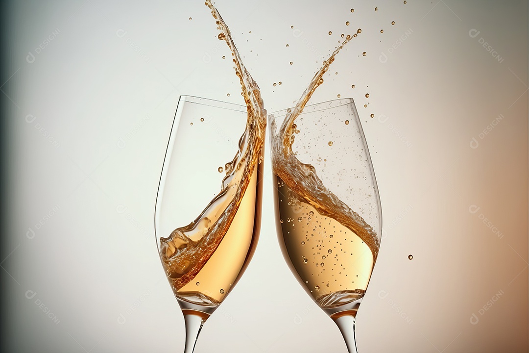 Duas taças de champanhe se tocando e brindando à noite na festa de ano novo na praia.