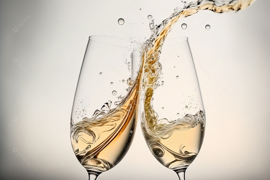 Duas taças de champanhe se tocando e brindando à noite na festa de ano novo na praia.