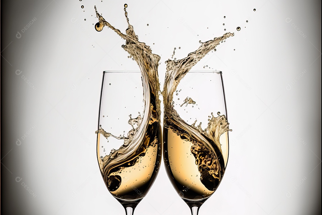 Duas taças de champanhe se tocando e brindando à noite na festa de ano novo na praia.