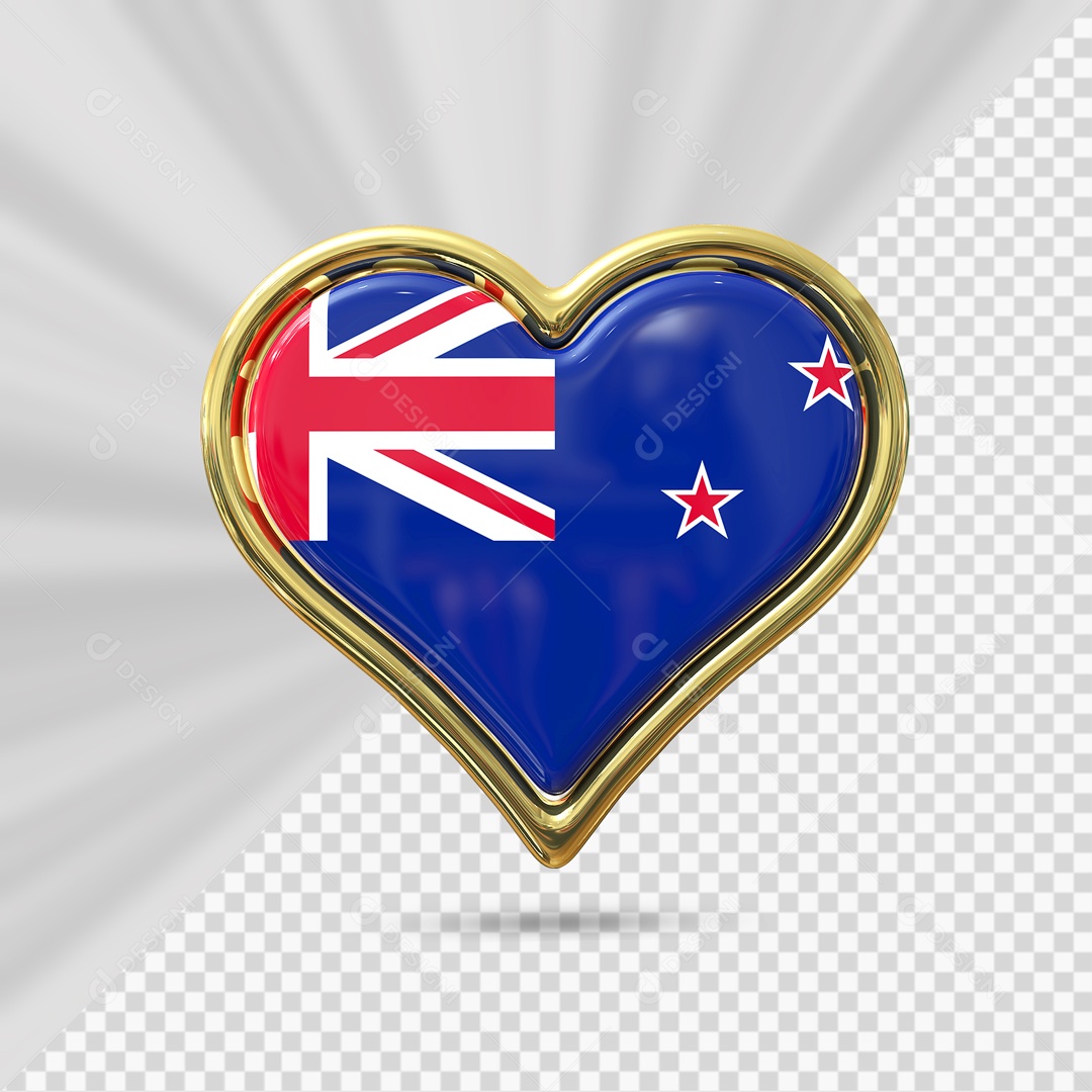 Ícone de Coração da Nova Zelândia Elemento 3D com Borda Dourada para Composição PSD