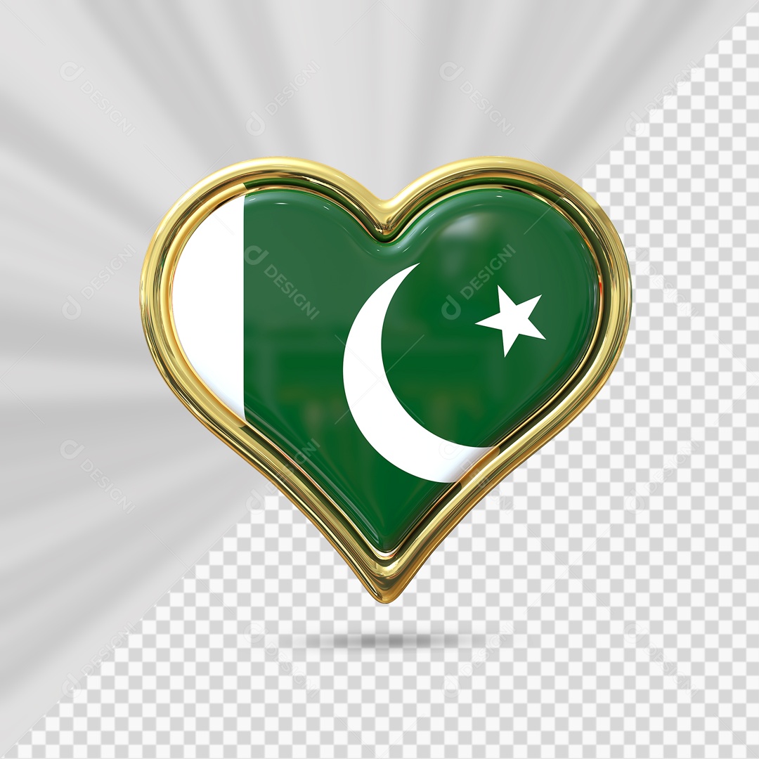 Ícone de Coração do Paquistão Elemento 3D com Borda Dourada para Composição PSD