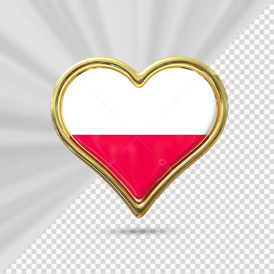 Ícone de Coração da Polônia Elemento 3D com Borda Dourada para Composição PSD