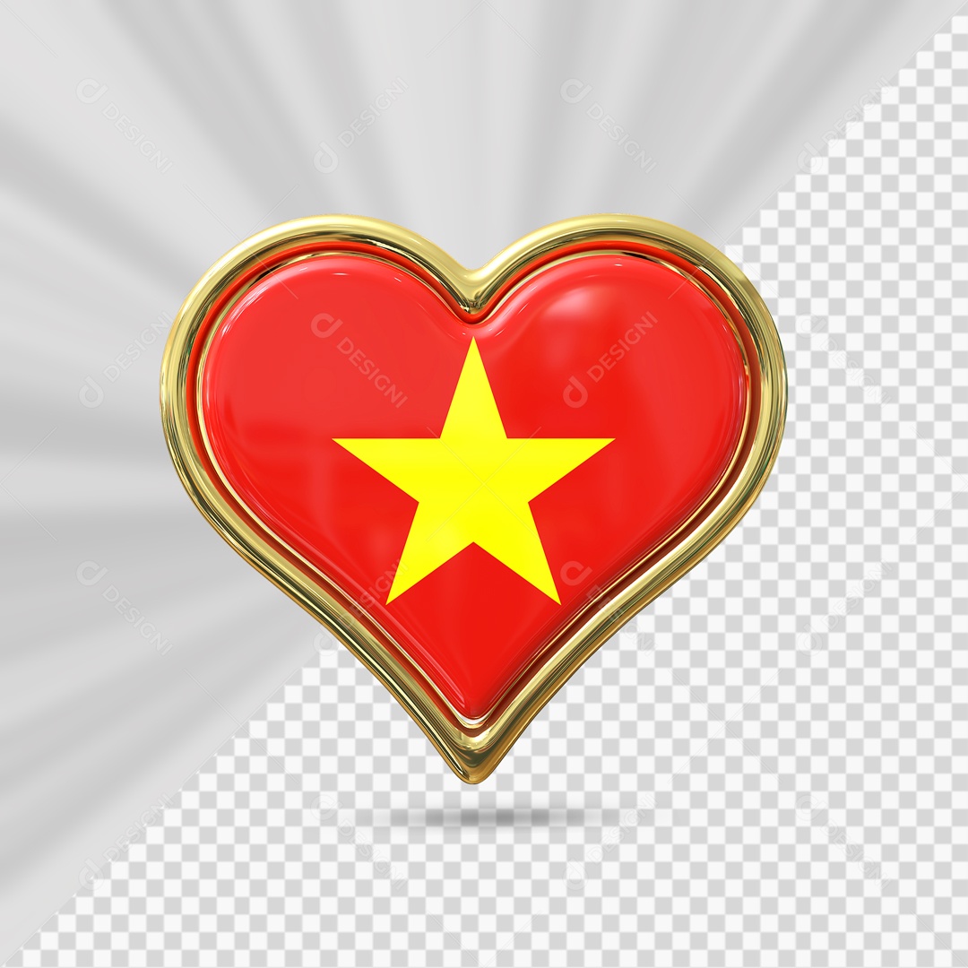 Ícone de Coração do Vietnã Elemento 3D com Borda Dourada para Composição PSD