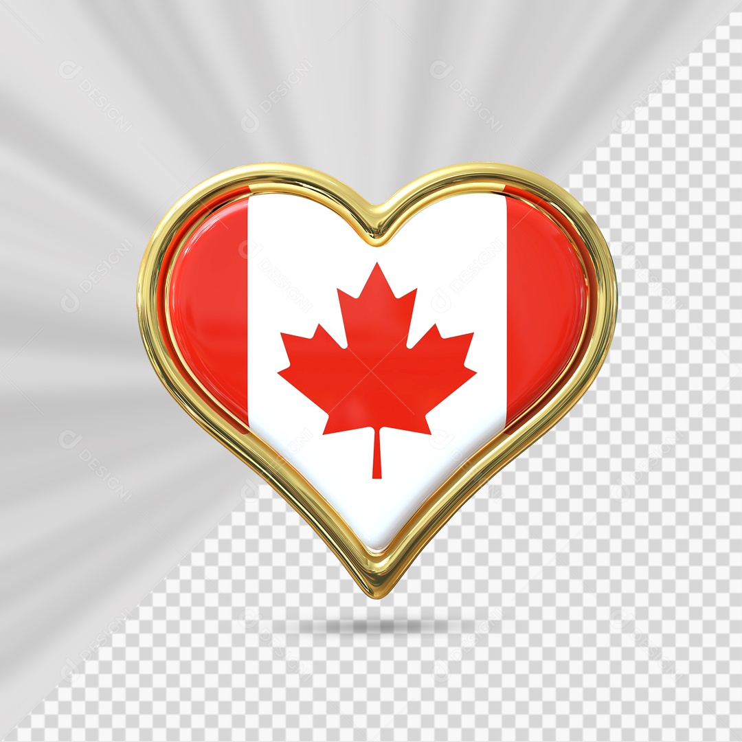 Ícone de Coração do Canadá Elemento 3D com Borda Dourada para Composição PSD