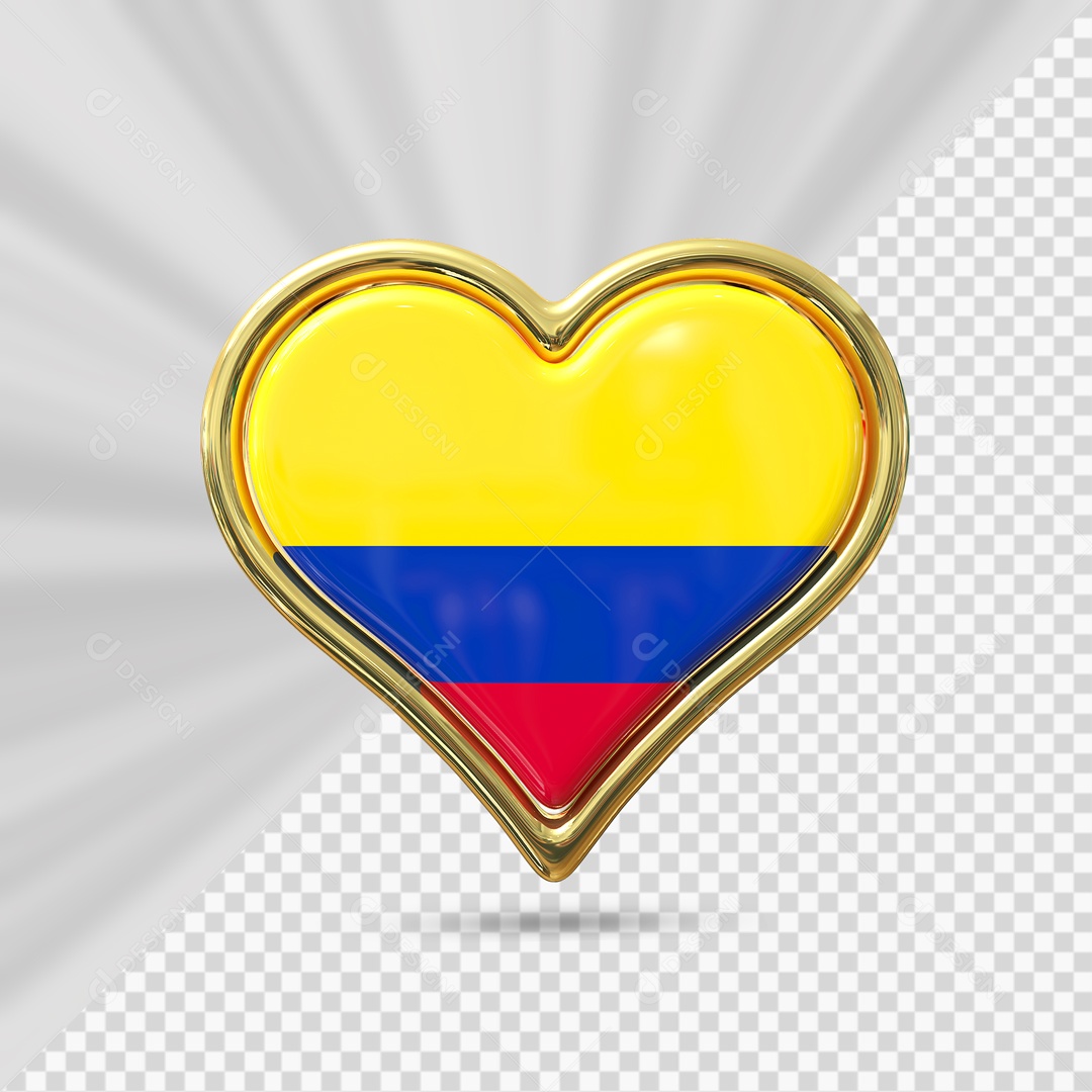 Ícone de Coração da Colômbia Elemento 3D com Borda Dourada para Composição PSD