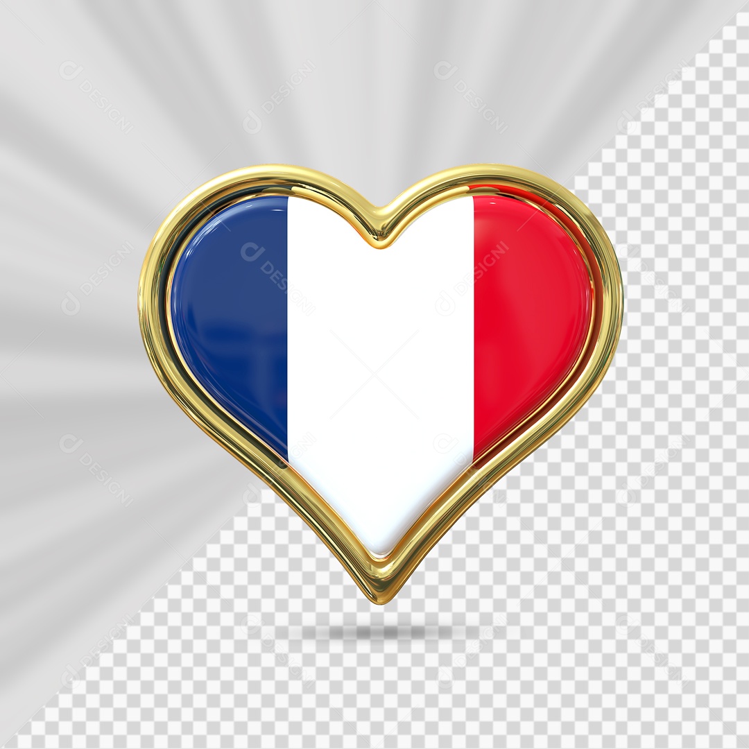 Ícone de Coração da França Elemento 3D com Borda Dourada para Composição PSD