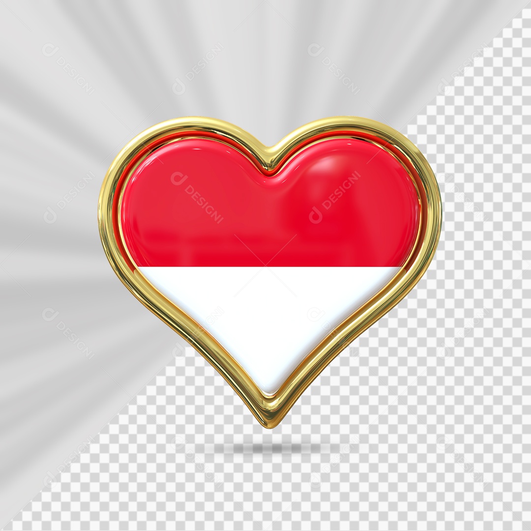 Ícone de Coração da Indonésia Elemento 3D com Borda Dourada para Composição PSD