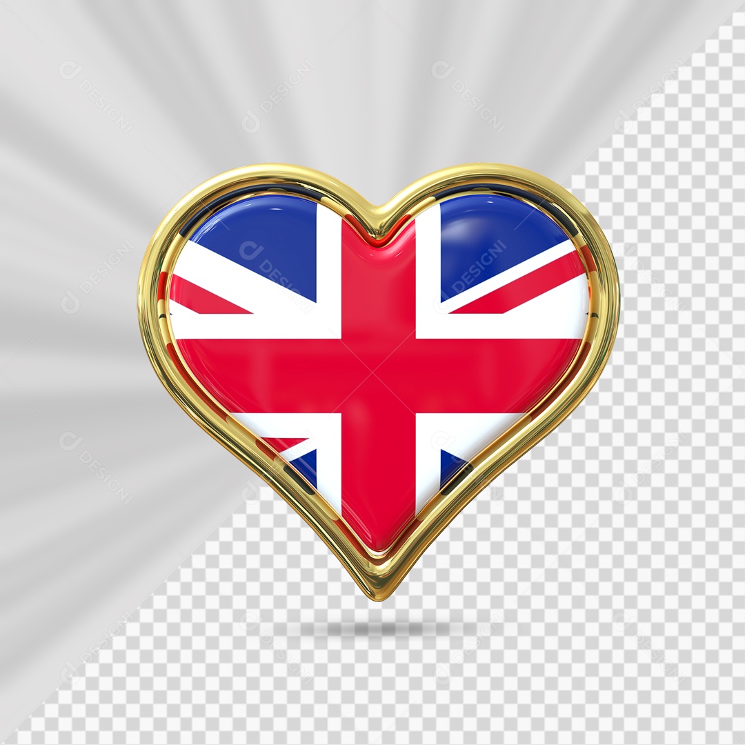 Ícone de Coração do Reino Unido Elemento 3D com Borda Dourada para Composição PSD