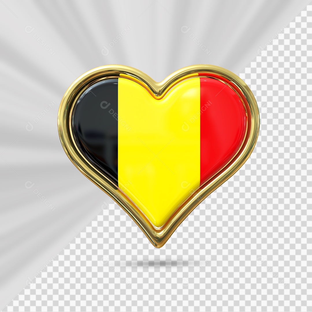 Ícone de Coração da Bélgica Elemento 3D com Borda Dourada para Composição PSD