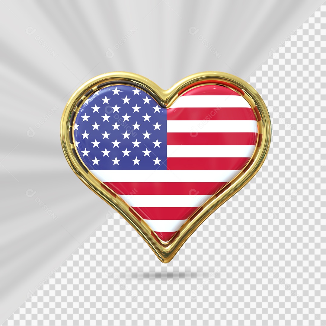 Ícone de Coração dos Estados Unidos Elemento 3D com Borda Dourada para Composição PSD