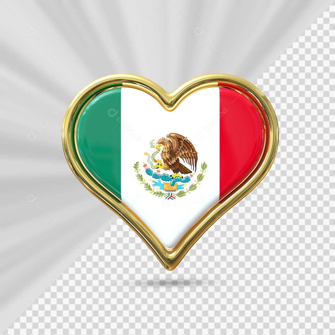 Ícone de Coração do México Elemento 3D com Borda Dourada para Composição PSD