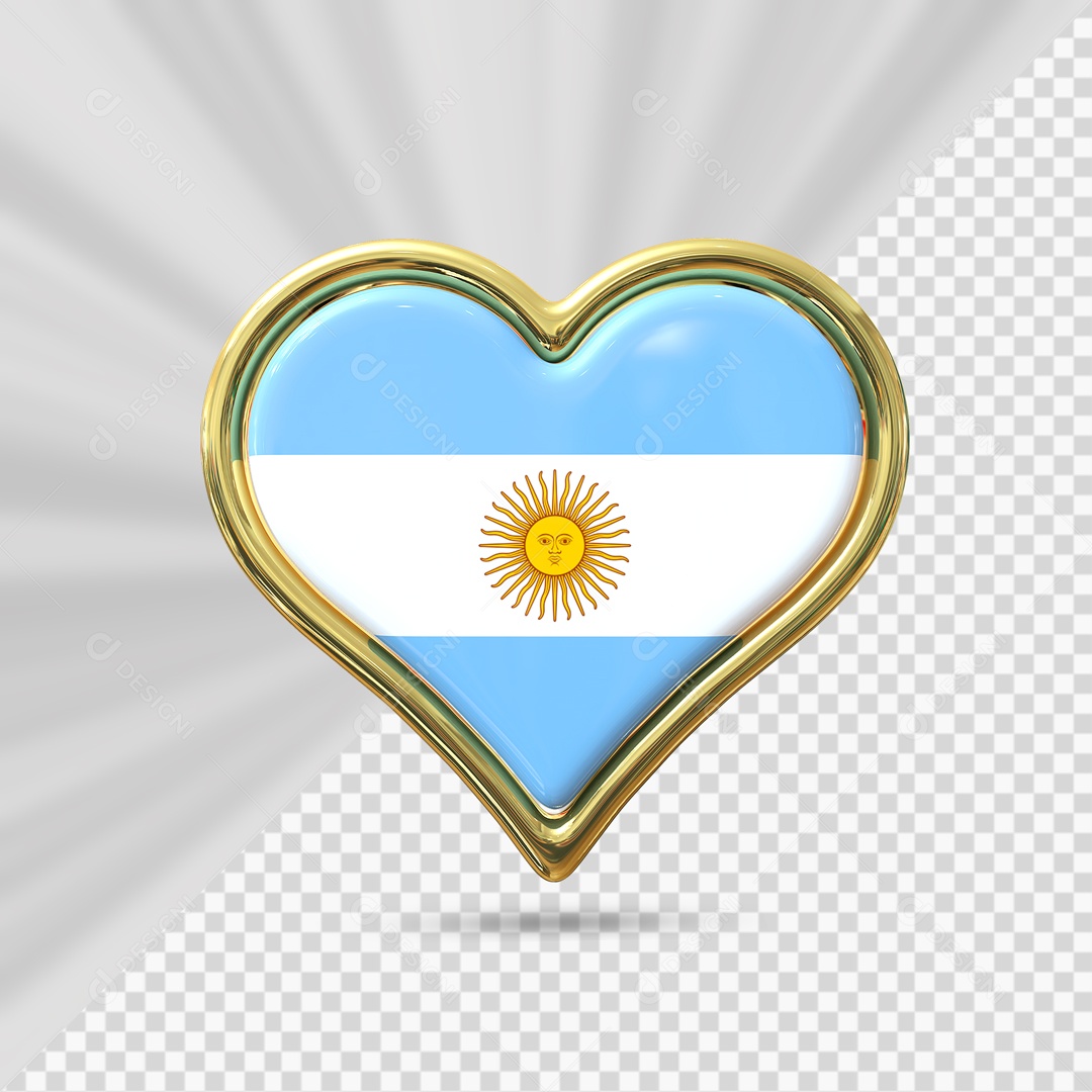 Ícone de Coração da Argentina Elemento 3D com Borda Dourada para Composição PSD