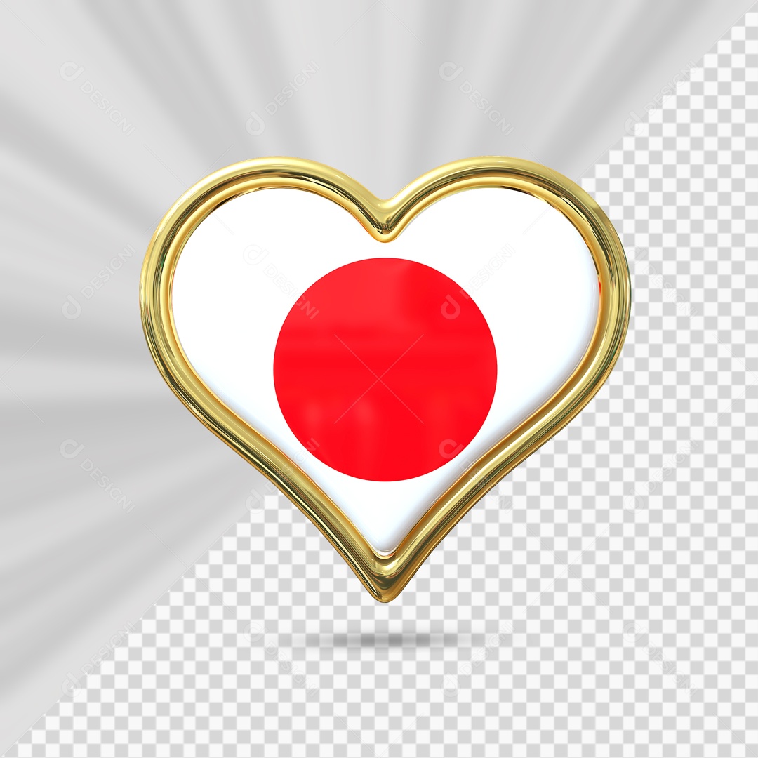 Ícone de Coração do Japão Elemento 3D com Borda Dourada para Composição PSD