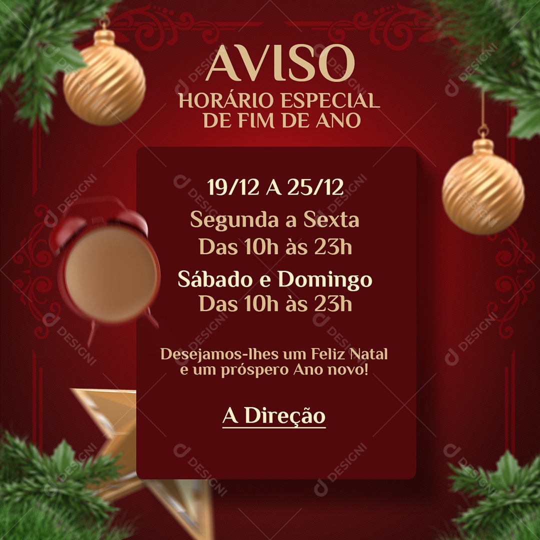 Aviso Horário Especial de Fim de Ano Social Media PSD Editável