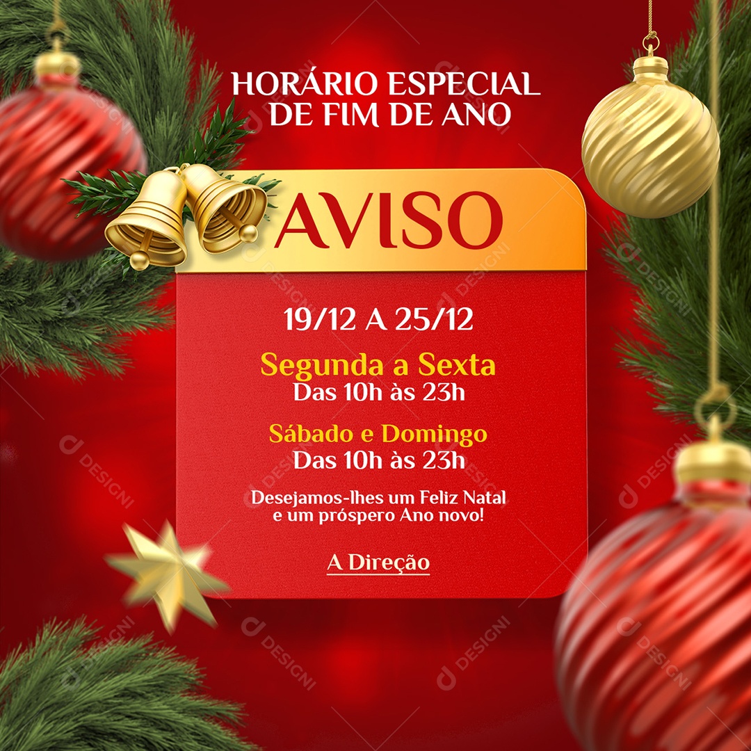 Aviso Horário Especial de Fim de Ano Social Media PSD Editável