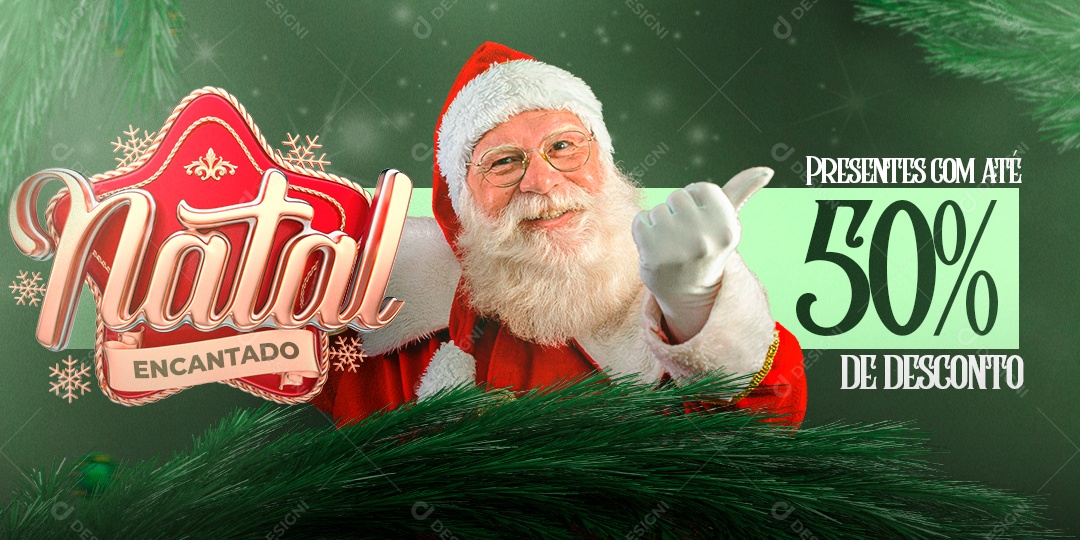 Banner Natal Encantado Presentes com Até 50% de Desconto Social Media PSD Editável