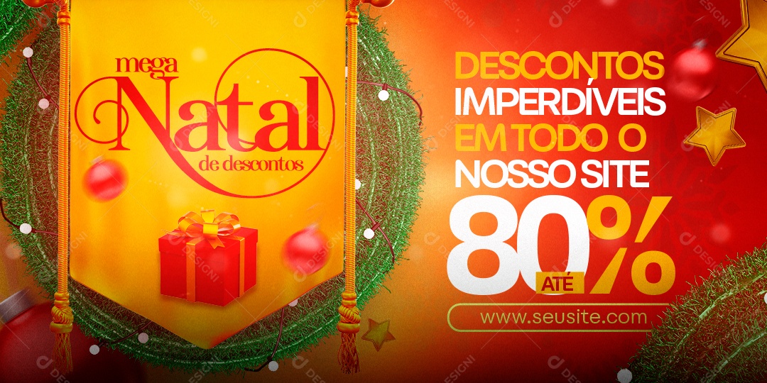 Banner Mega Natal de Descontos Lojas Feliz Natal Social Media PSD Editável