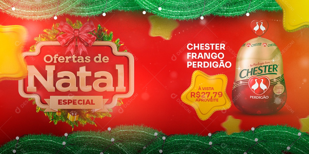 Banner Ofertas Especial de Natal Chester Frango Perdigão Supermercado Social Media PSD Editável