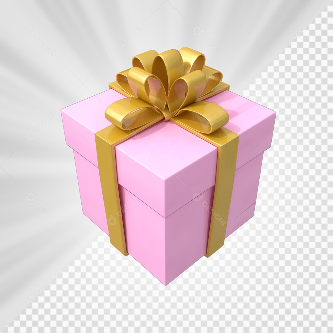 Caixa de Presentes Rosa com Laço Dourado Elemento 3D para Composição PSD