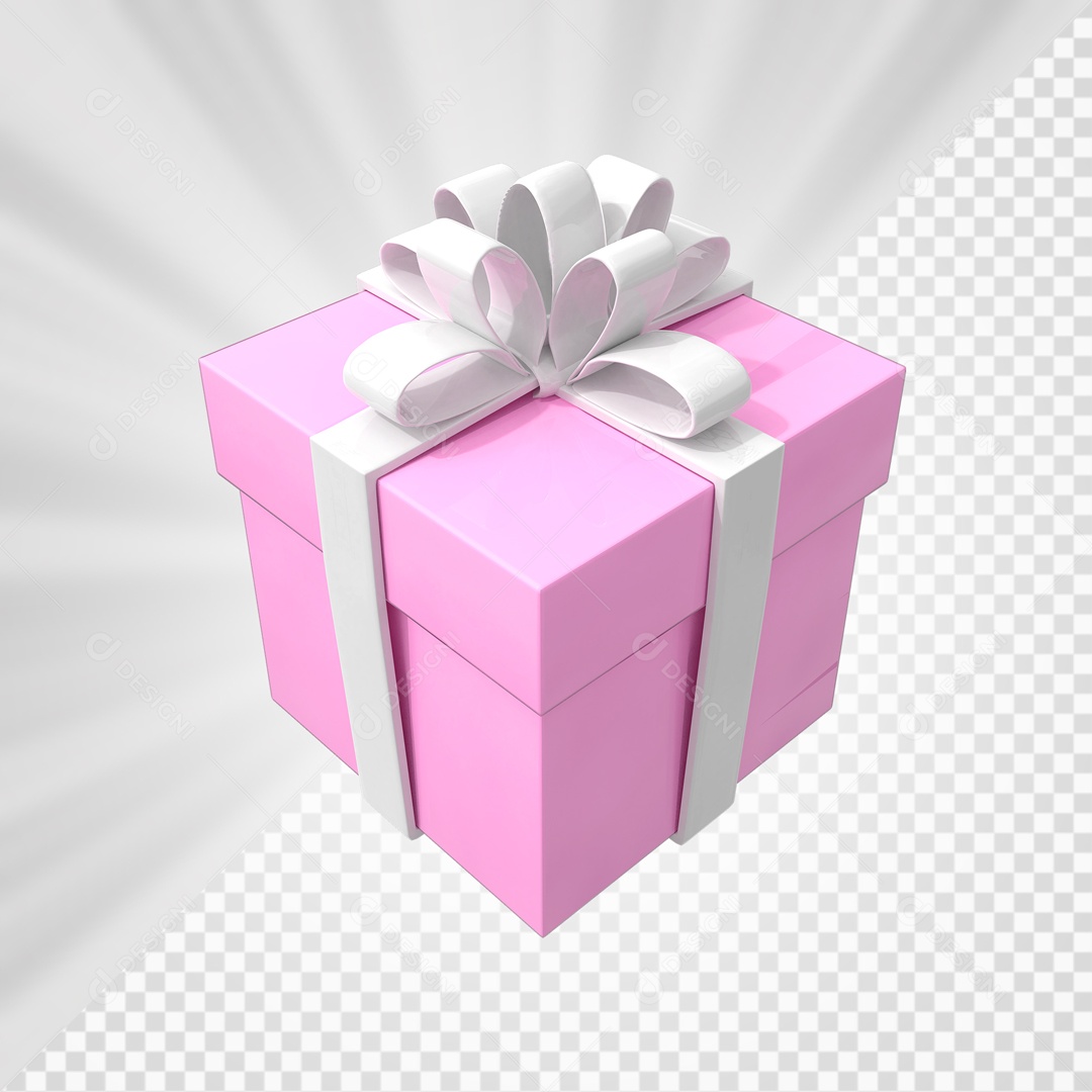 Caixa de Presentes Rosa com Laço Branco Elemento 3D para Composição PSD