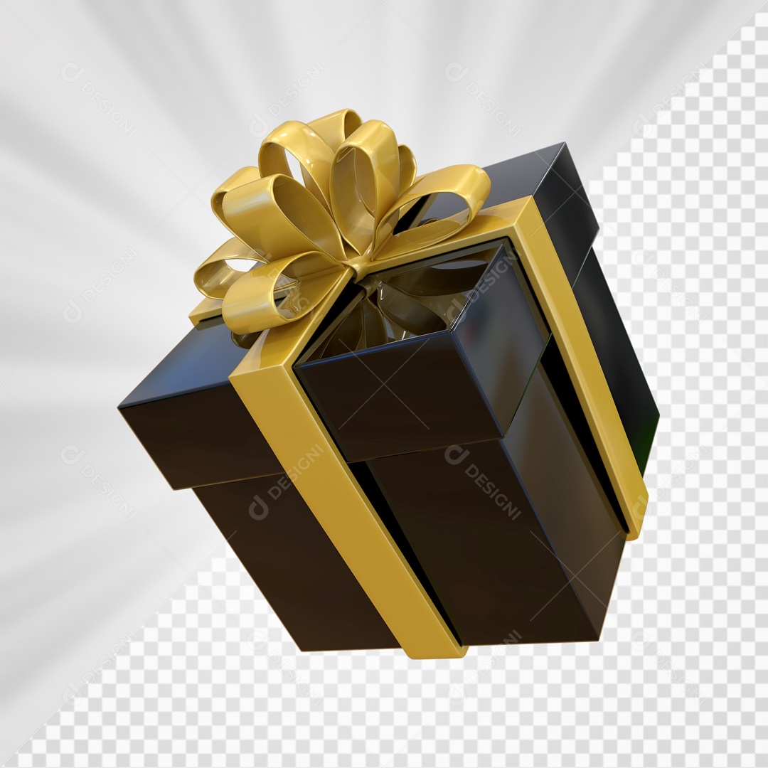 Caixa de Presentes Preta com Laço Dourado Elemento 3D para Composição PSD