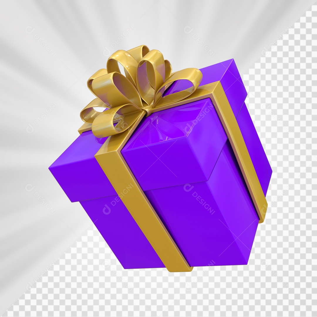 Caixa de Presentes Roxo com Laço Dourado Elemento 3D para Composição PSD