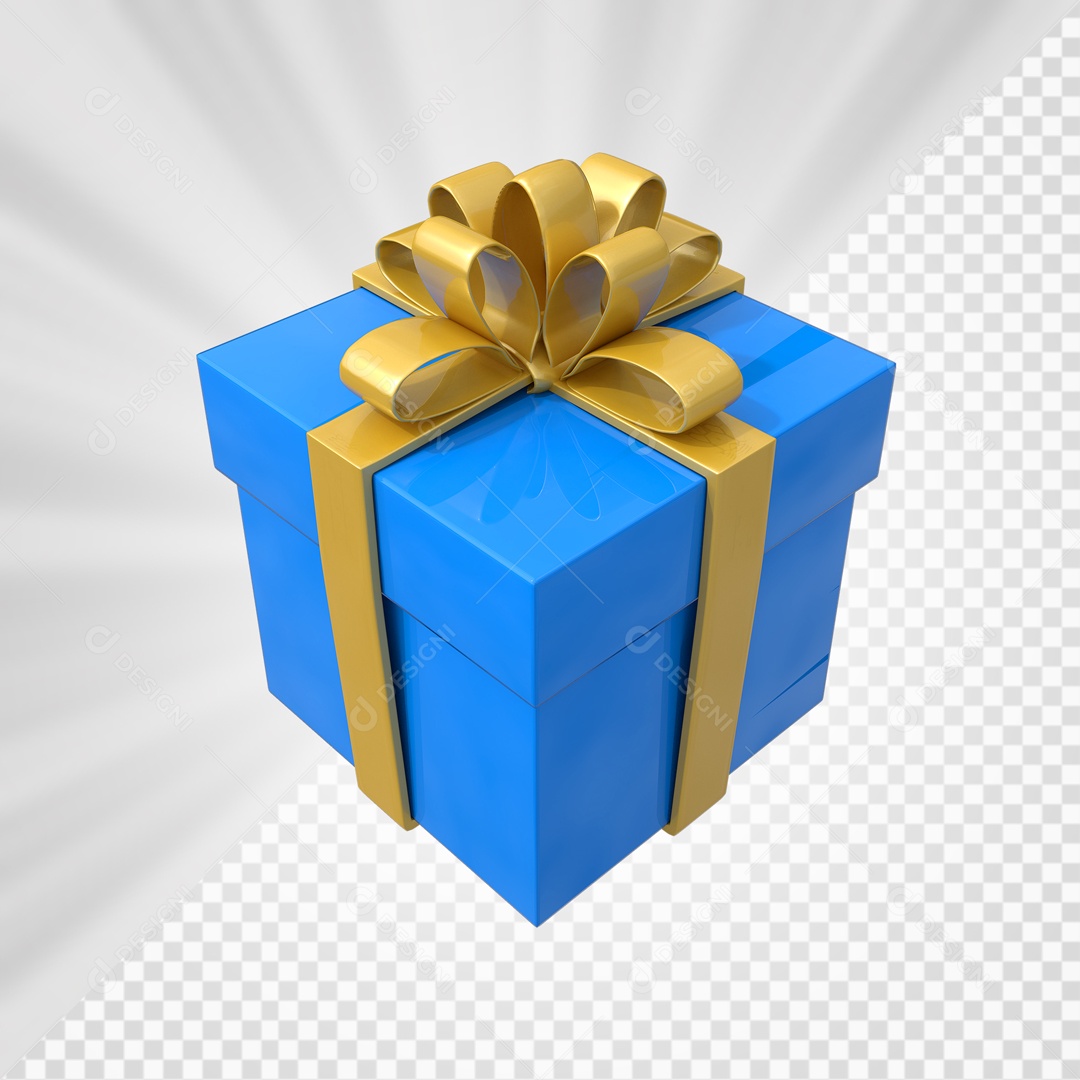 Caixa de Presentes Azul com Laço Dourado Elemento 3D para Composição PSD