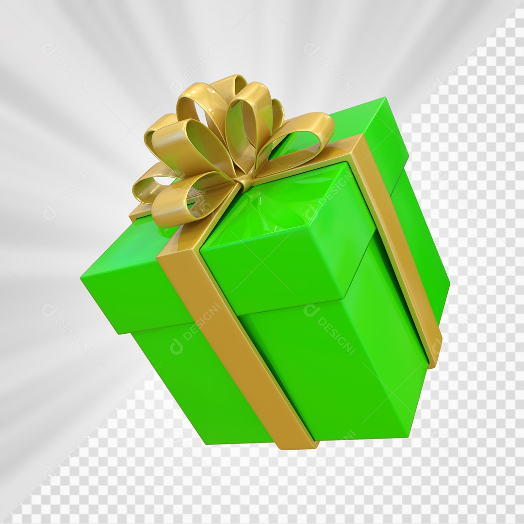 Caixa de Presentes Verde com Laço Dourado Elemento 3D para Composição PSD