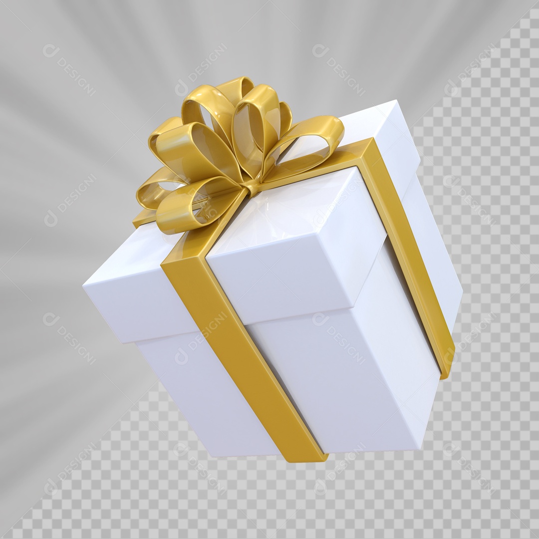 Caixa de Presentes Branca com Laço Dourado Elemento 3D para Composição PSD