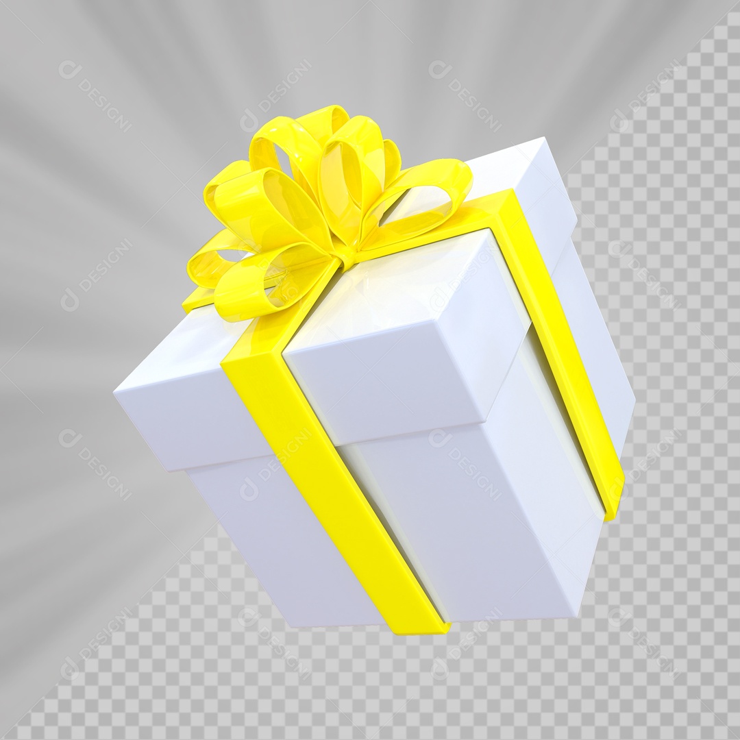 Caixa de Presentes Branca com Laço Amarelo Elemento 3D para Composição PSD