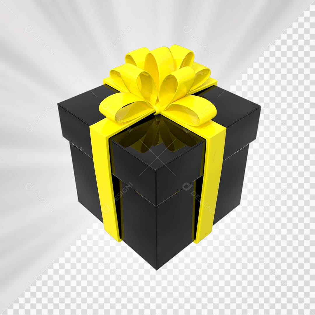 Caixa de Presentes Preta com Laço Amarelo Elemento 3D para Composição PSD