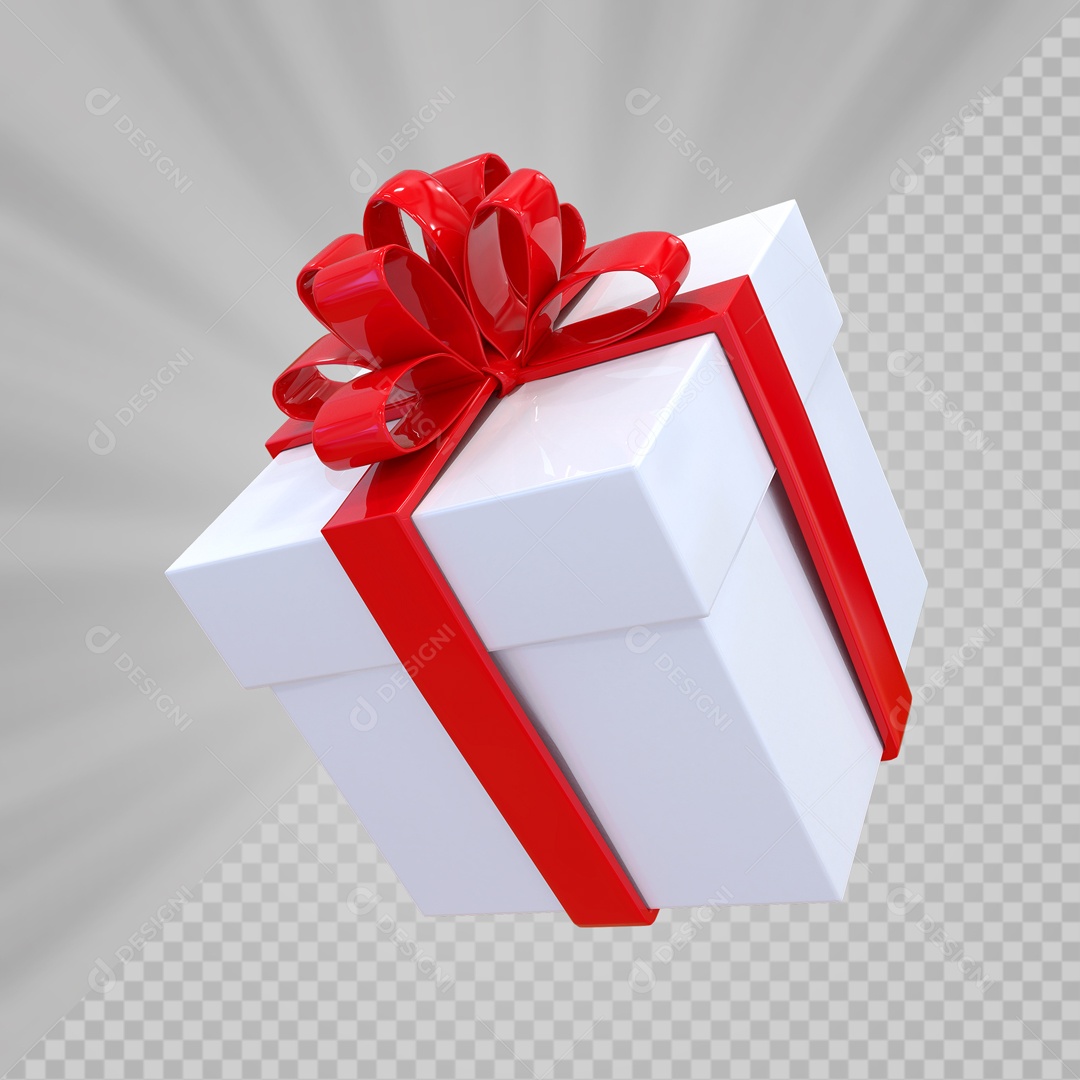 Caixa de Presentes Branca com Laço Vermelho Elemento 3D para Composição PSD