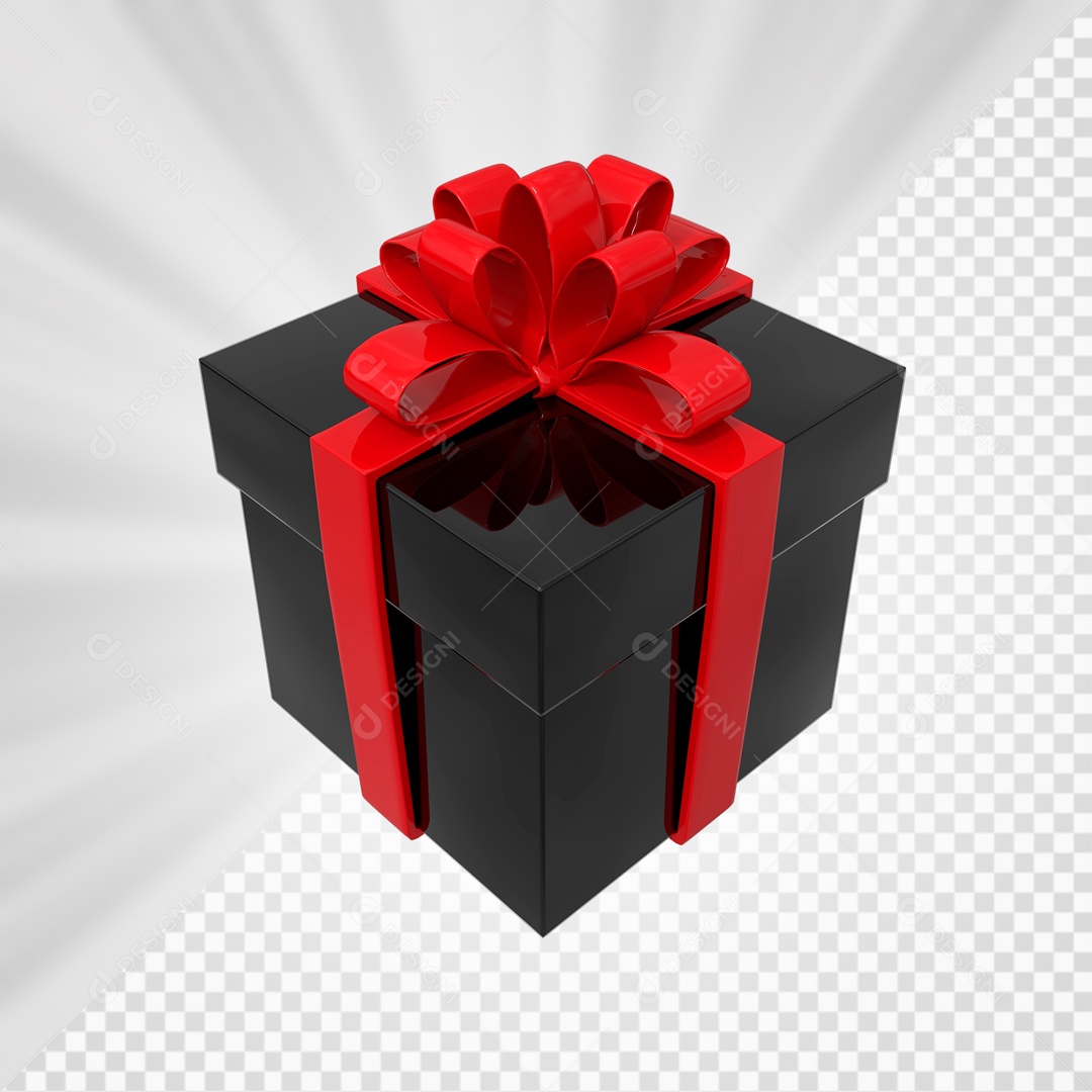 Caixa de Presentes Preta com Laço Vermelho Elemento 3D para Composição PSD