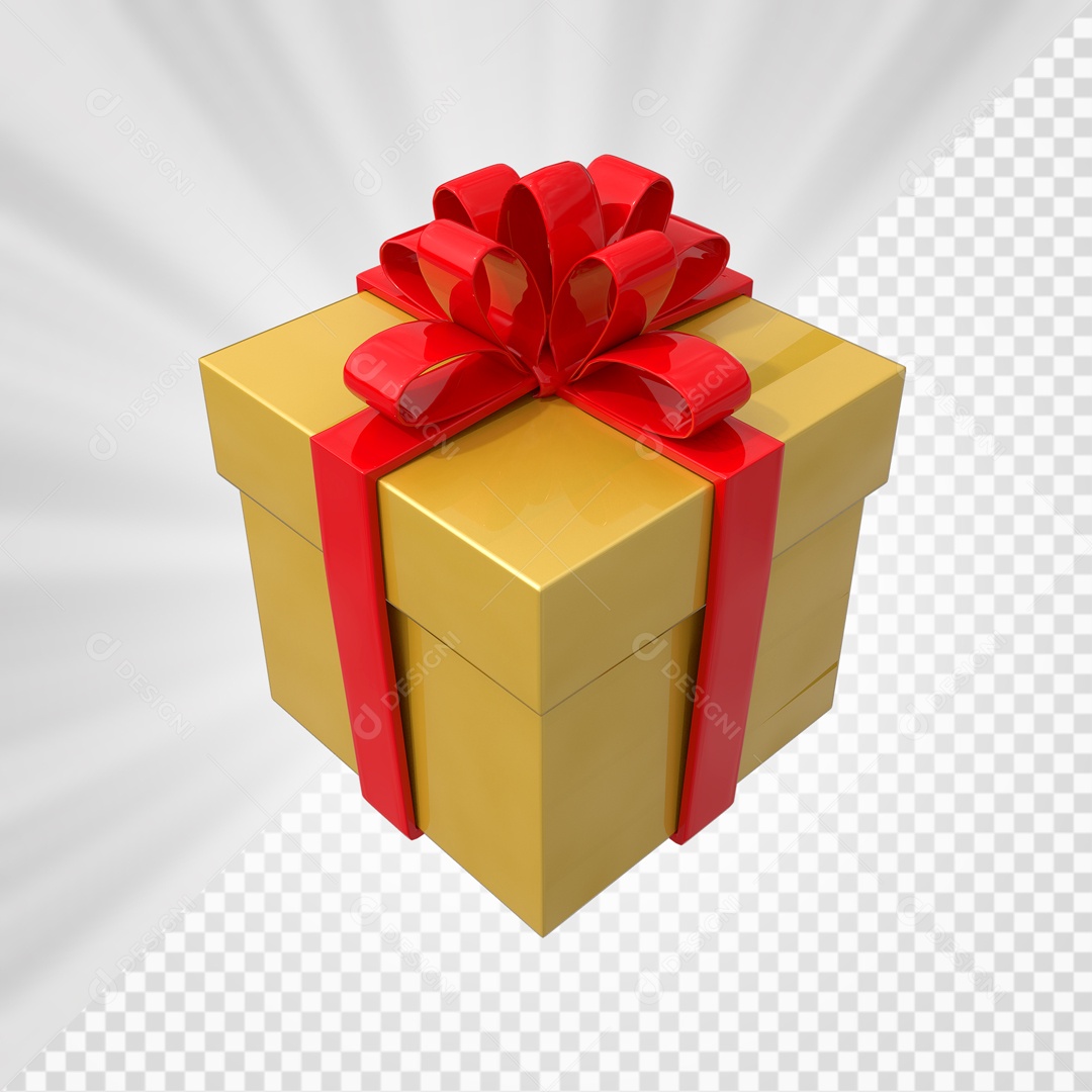 Caixa de Presentes Dourada com Laço Vermelho Elemento 3D para Composição PSD