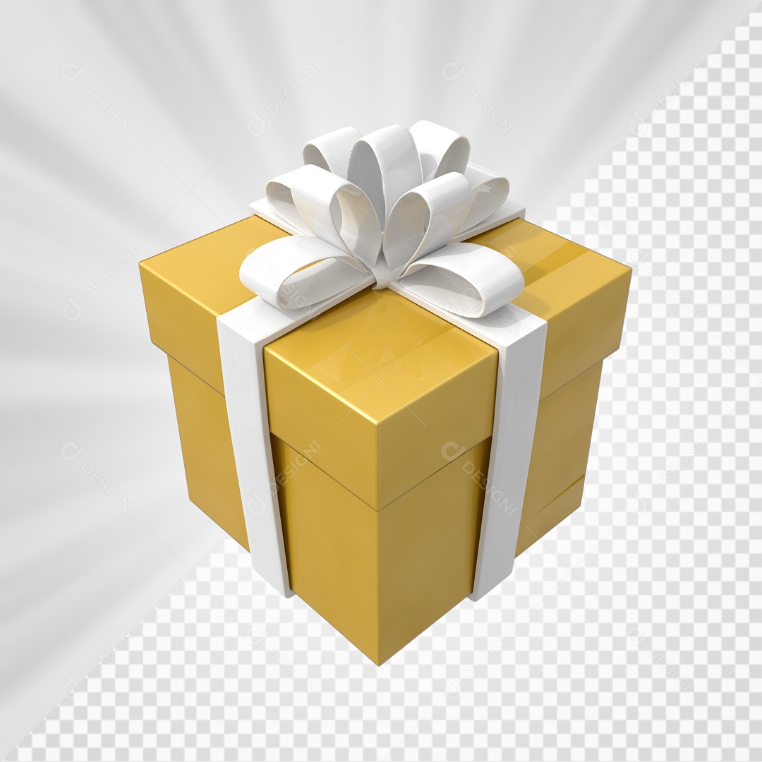 Caixa de Presentes Dourada com Laço Branco Elemento 3D para Composição PSD