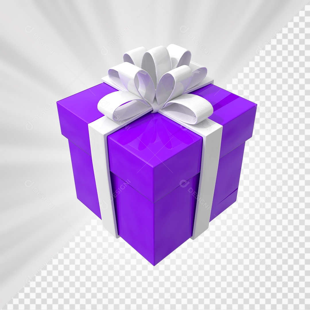 Caixa de Presentes Roxo com Laço Branco Elemento 3D para Composição PSD