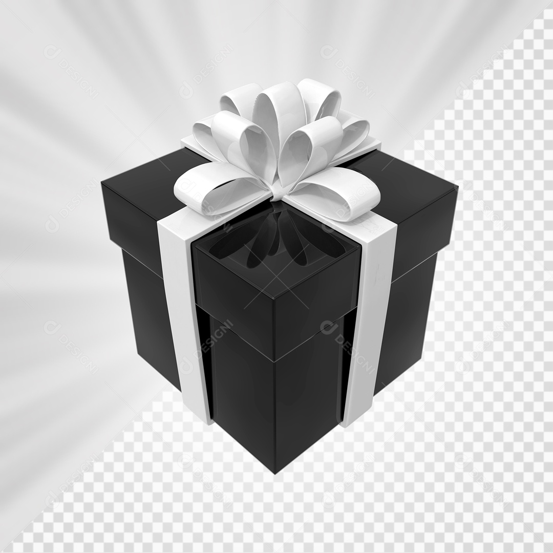 Caixa de Presentes Preta com Laço Branco Elemento 3D para Composição PSD