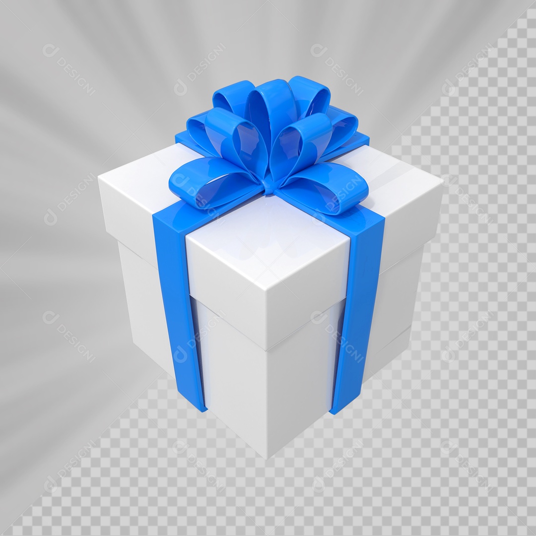 Caixa de Presentes Branca com Laço Azul Elemento 3D para Composição PSD