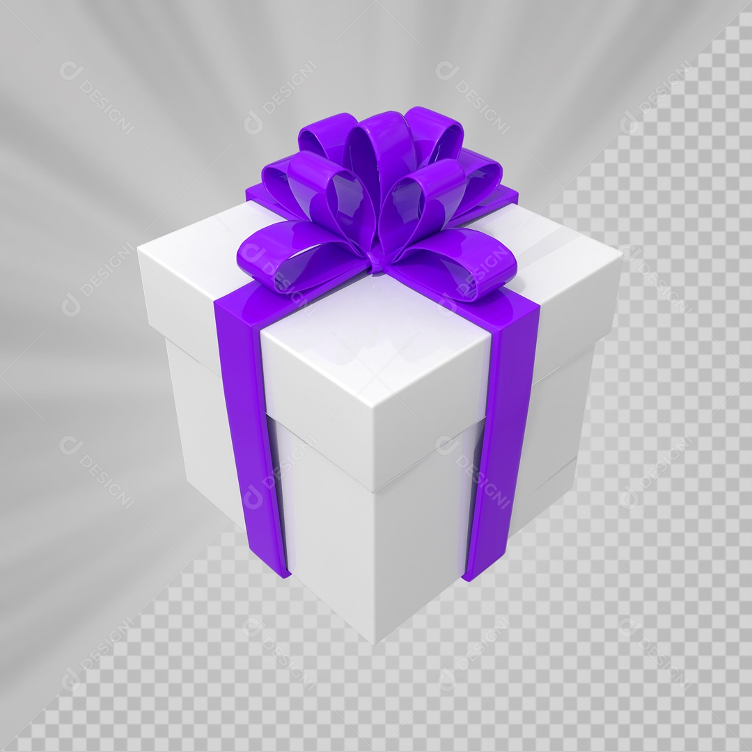Caixa de Presentes Branca com Laço Roxo Elemento 3D para Composição PSD
