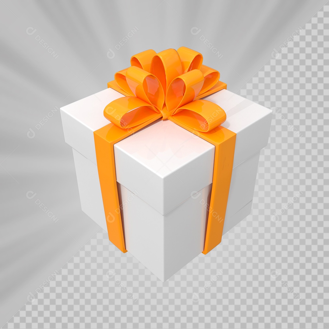 Caixa de Presentes Branca com Laço Laranjado Elemento 3D para Composição PSD