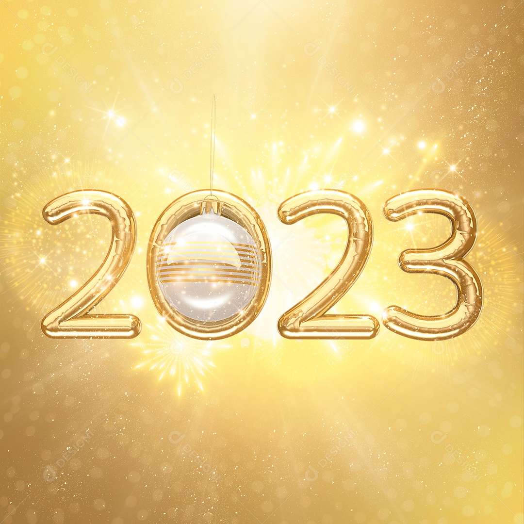 Número 3D 2023 Feliz Ano Novo Dourado Elemento para Composição PSD