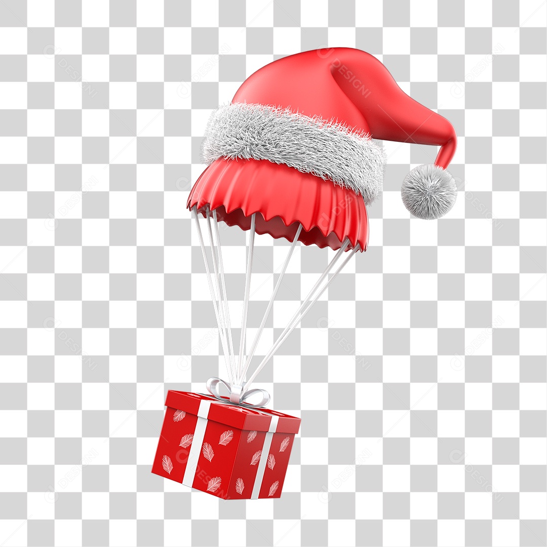 Caixa de Presente Voando com Gorro do Papai Noel Elemento 3D PNG Transparente