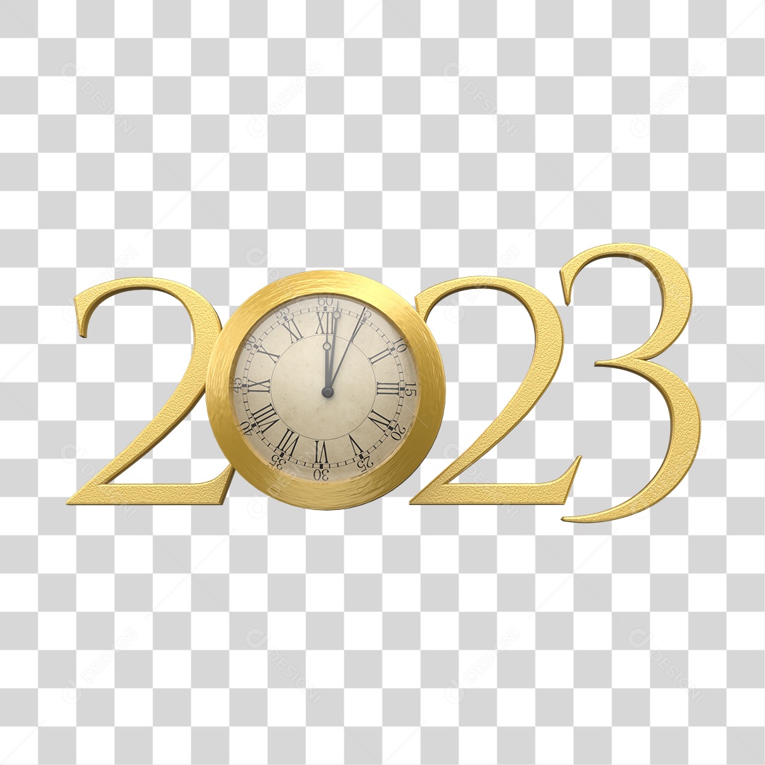 Número 2023 Dourado com Relógio Elemento 3D PNG Transparente