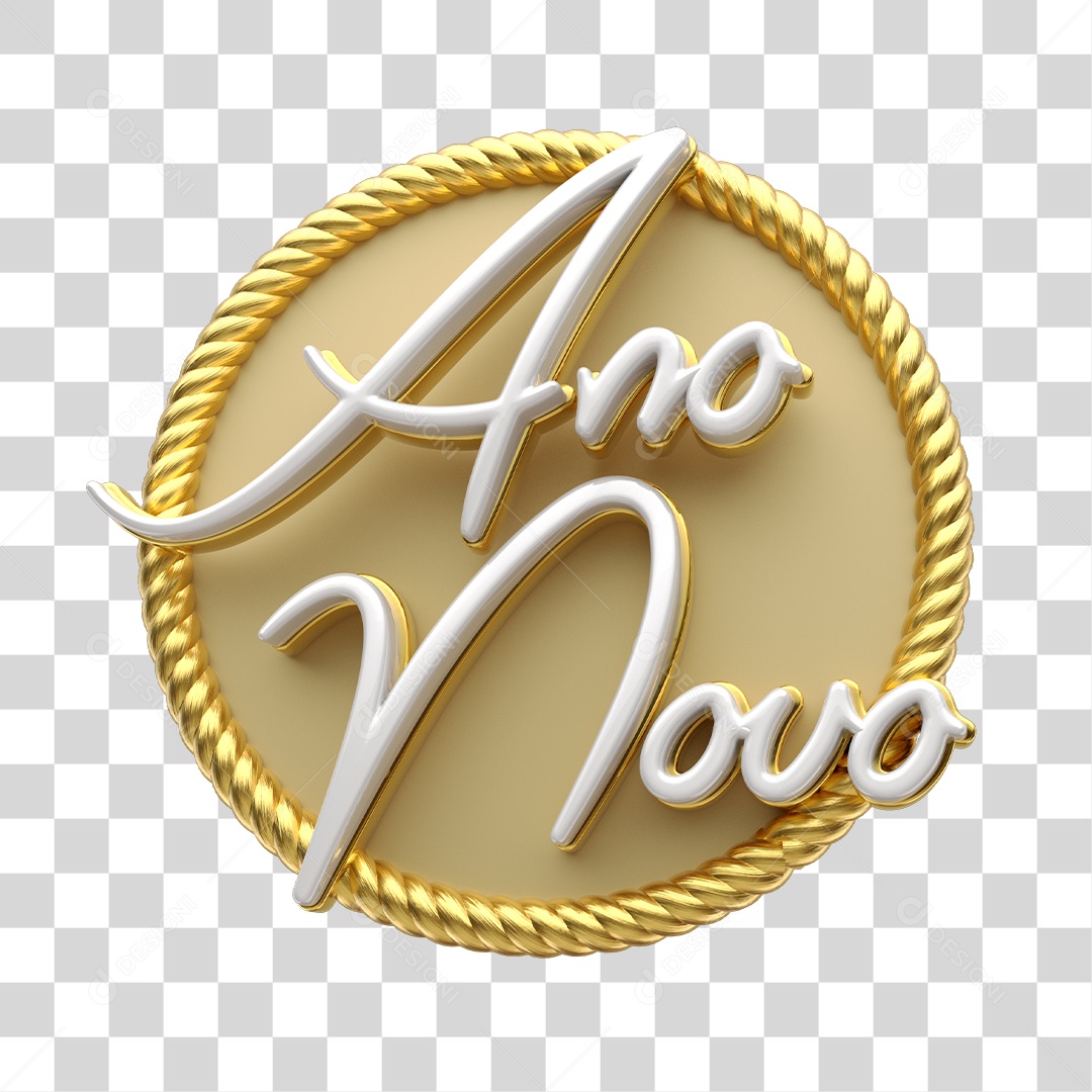 Ano Novo Selo 3D Branco e Dourado PNG Transparente