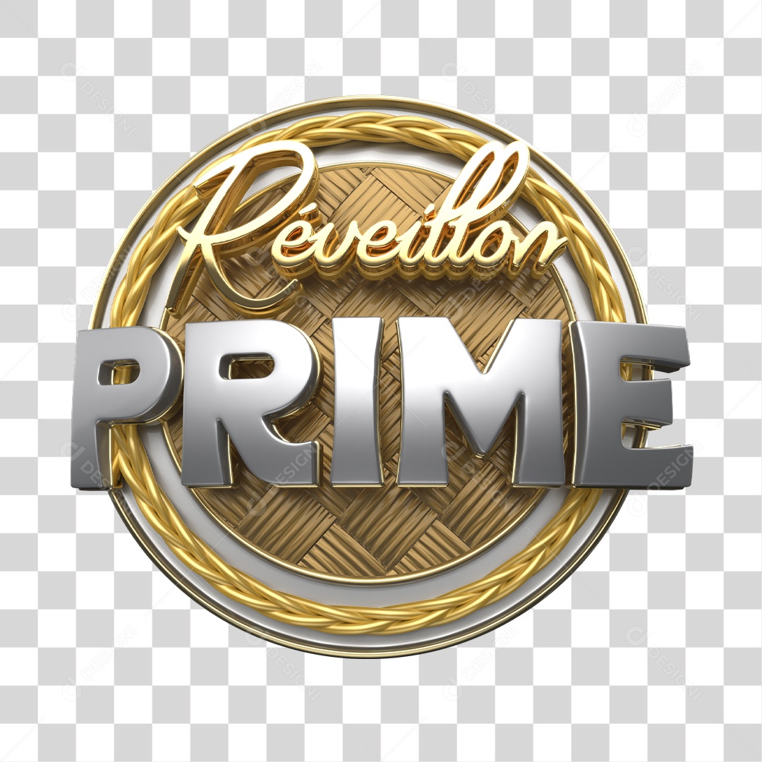 Réveillon Prime Selo 3D Dourado e Prata para Composição PNG Transparente