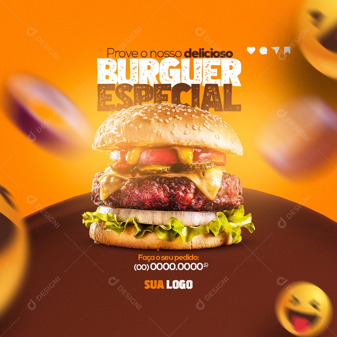 Prove o Nosso Delicioso Burguer Especial Hamburgueria Social Media PSD Editável